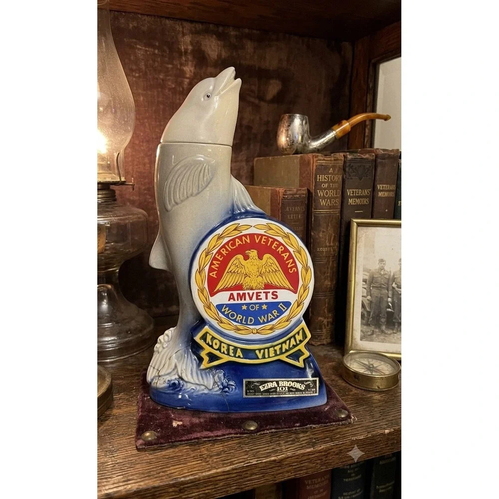 Vintage 1974 Ezra Brooks AMVETS Dolphin Decanter Hollywood Florida 30th National